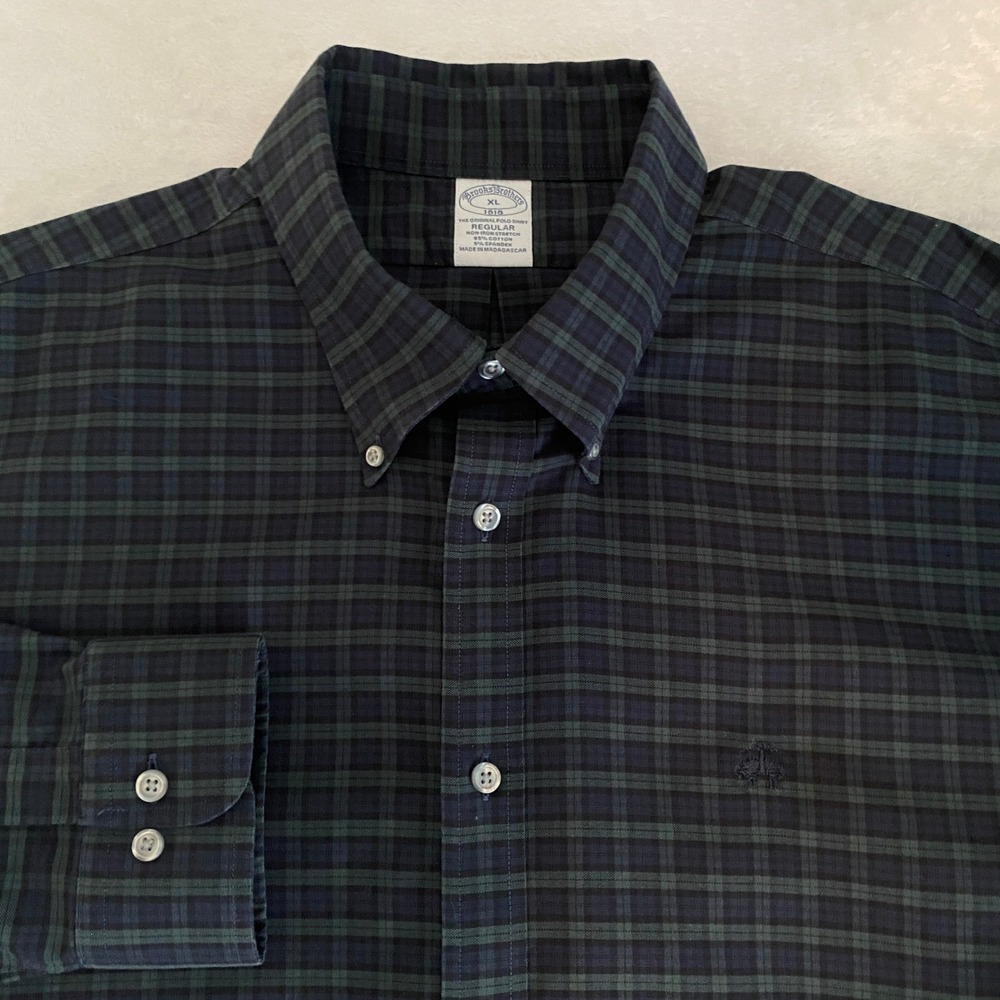 Brooks Brothers XL Regular Fit Navy Green Plaid Non-Iron Stretch Casual Shirt